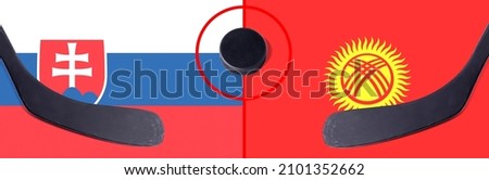 Top view hockey puck with Slovakia vs. Kyrgyzstan command with the sticks on the flag. Concept hockey competitions