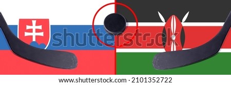 Top view hockey puck with Slovakia vs. Kenya command with the sticks on the flag. Concept hockey competitions