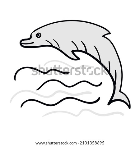 Cute dolphin, black-grey vector doodle