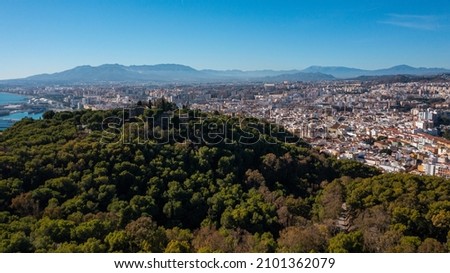 Aerial photo from drone to of Malaga Gibralfaro castle in the background a panoramic view of the city of Malaga. Malaga.Spain,Costa del sol, Andalusia (Series)

