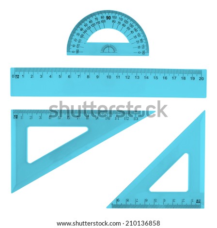 Set of multiple blue plastic rulers and the protractor, isolated over the white background
