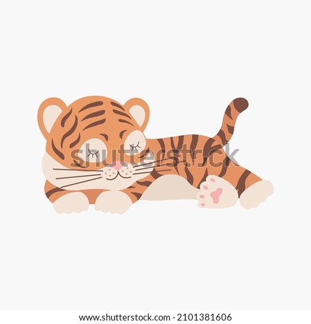 Scandinavian cute little baby tiger, symbol of 2022 new year. Hand drawn vector element for nursery decoration, birthday, children's party, poster, invitation, postcard, kids clothes, christmas decor