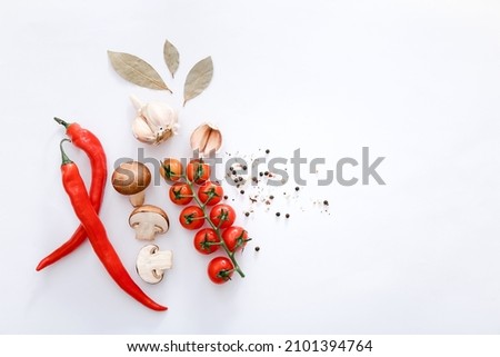 Spices and vegetables on light grey background, top view.