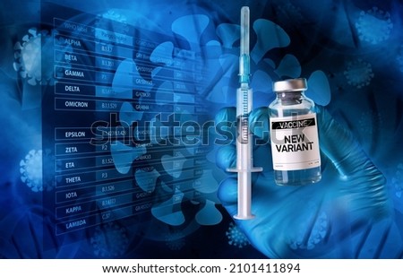 Doctor holding new vaccine for variants of coronavirus or covid-19 on illustration background covid. Researcher with vaccine vial and syringe for New Variants of the Covid-19 or coronavirus
