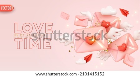 Happy Valentine's day. Pink paper envelope with angel wings and red heart. Realistic 3d design congratulations mail, falling envelope. Holiday background. Letters Be my Valentine. Vector illustration Royalty-Free Stock Photo #2101415152