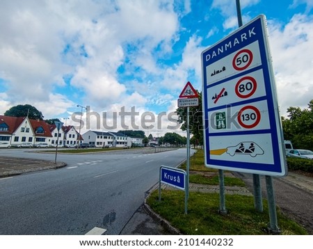 Danish Border street sign in Krusa Danmark saying Danmark (Denmark) on the Danish and German border , Digital created image Picture