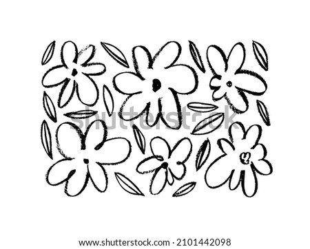 Chamomile hand drawn black paint vector set. Ink drawing flowers and plants, botanical rough line illustration. Isolated floral elements, daisy, aster, chrysanthemum. Line childish drawings Royalty-Free Stock Photo #2101442098