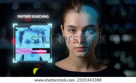 Face biometrical analysis match partner search collect personal data closeup. Futuristic application looking perfect couple to caucasian woman identifying people. Digital romance technological concept