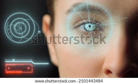 Biometrical retinal system analysing eye health closeup. Iris checking process inspecting astigmatism collecting biometrics data. Digital modern innovative recognition technology. Vision check concept Royalty-Free Stock Photo #2101443484