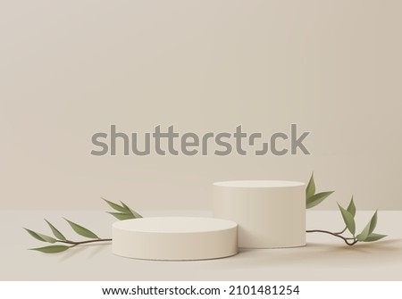 3d background product display podium scene with leaf geometric platform. background vector 3d render with podium. stand to show cosmetic product. 3d stage showcase on pedestal display beige background Royalty-Free Stock Photo #2101481254