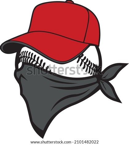 Fun full color illustrated baseball logo character mascot with hat and bandit bandana face mask. Easy to edit vector eps graphic design.