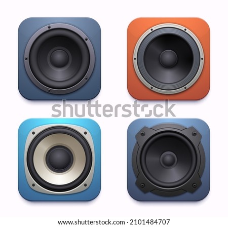 Sound speaker app icon, audio music system or player, vector loudspeaker. Acoustic sound speaker or stereo subwoofer and DJ boombox radio amplifier application icon for mobile phone interface Royalty-Free Stock Photo #2101484707