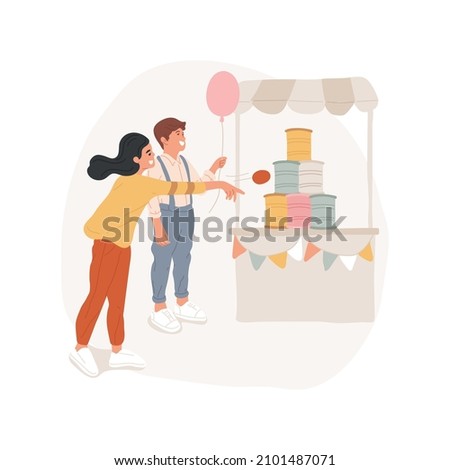Knock down game isolated cartoon vector illustration. Cans tower, child throwing ball, carnival game of luck, get toy prize, knock down jars, outdoor school fair, fun activity cartoon vector. Royalty-Free Stock Photo #2101487071