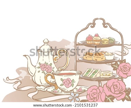 Illustration of tea time objects. Vintage style. Vector illustration. Royalty-Free Stock Photo #2101531237