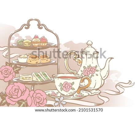 Illustration of tea time objects. Vintage style. Vector illustration. Royalty-Free Stock Photo #2101531570