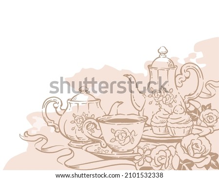 Illustration of tea time objects. Vintage style. Vector illustration. Royalty-Free Stock Photo #2101532338