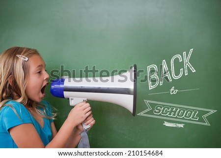 Composite image of back to school message against cute pupil shouting through megaphone