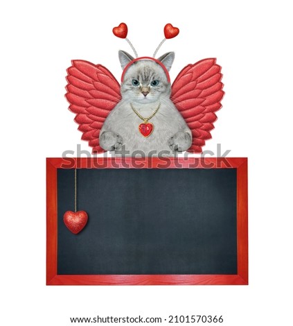 An ashen cat angel with wings is near a blank blackboard. White background. Isolated.