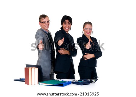Business team, two young businessmen and female assistant, secretary in the office.  Studio, white background.