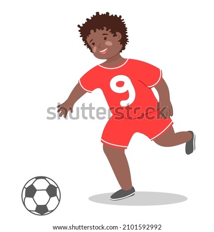 illustration of African-American child with ball. Happy, laughing boy playing soccer isolated on white background