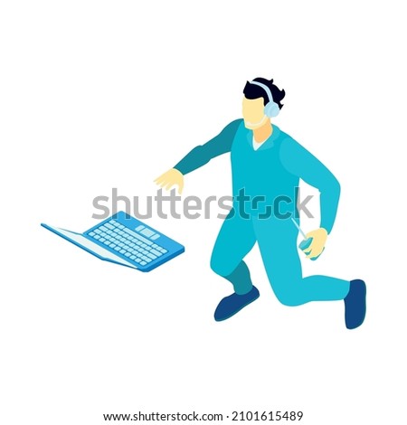 Isometric icon with spaceman wearing headphones under zero gravity with laptop isolated vector illustration Royalty-Free Stock Photo #2101615489