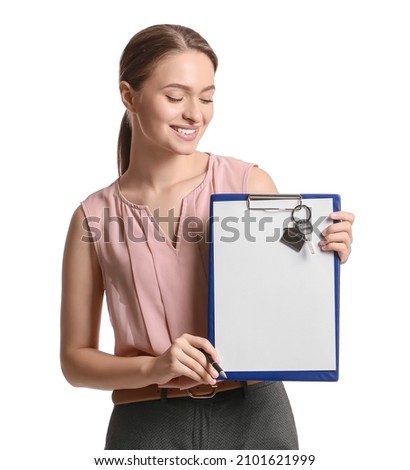 Real estate agent with clipboard and key from house on white background