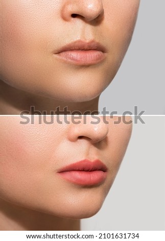 Closeup of female lips after permanent makeup lip blushing procedure Royalty-Free Stock Photo #2101631734
