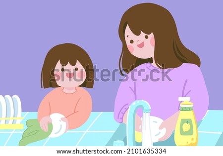 Kid is helping mother wash the dishes in the kitchen clip art