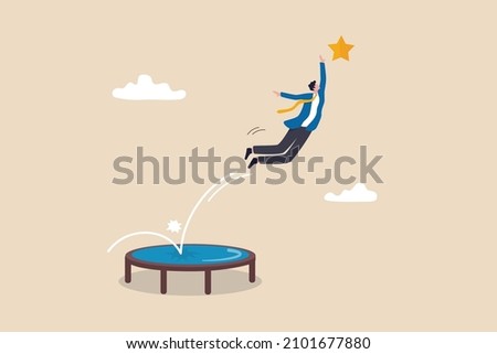 Reach success, improvement or career development, business tools advantage to reach goal or target, growth and achievement concept, businessman bounce on trampoline jump flying high to grab star. Royalty-Free Stock Photo #2101677880