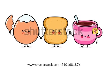 Cute, funny happy toast, eggs and cup of tea. Vector hand drawn cartoon kawaii illustration icon. Funny cartoon toast, eggs and cup of tea mascot character concept Royalty-Free Stock Photo #2101681876