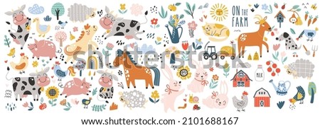 Isolated set with cute farm animals in cartoon style. Ideal kids design, for fabric, wrapping, textile, wallpaper, apparel Royalty-Free Stock Photo #2101688167