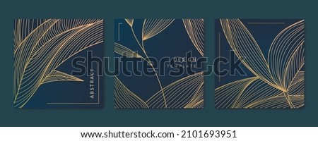 Vector set of abstract luxury golden square cards, post templates for social net, leaves botanical modern, art deco wallpaper background. Pattern, texture for print, fabric, packaging design.