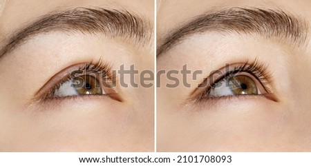 Closeup of female eye with comparison after professional permanent makeup treatment - lash line enhancement