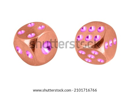 Two metal dice in the air without a shadow, isolated on a white background. Blank for the designer. The Color is Calming Coral and Velvet Violet.