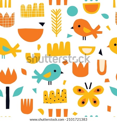Bright spring seamless pattern in a modern style. Vector abstract pattern with birds, flowers and butterflies.