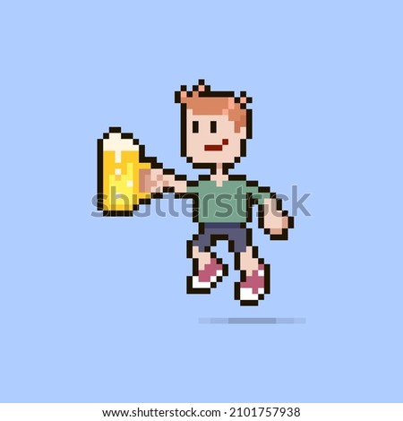 colorful simple flat pixel art illustration of cartoon smiling guy clinking glass of beer