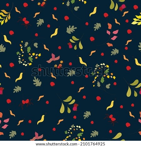 Tropical leaves and flowers in the night style for men's prints. Seamless vector jungle wallpaper pattern dark blue background