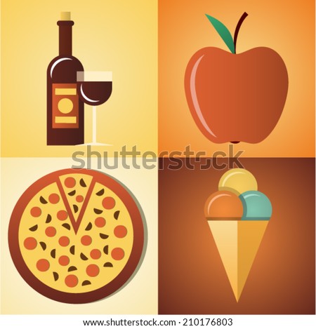 Vector illustration icon set of food: wine, apple, pizza, ice cream