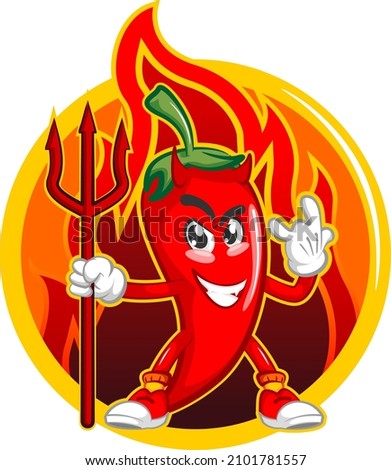 vector mascot character illustration of scary devil cute chili on a background of smoldering fire in a circle