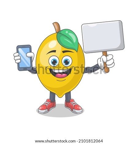 Cute Happy Lemon Holding Blank Sign Cartoon Vector Illustration. Fruit Mascot Character Concept Isolated Premium Vector