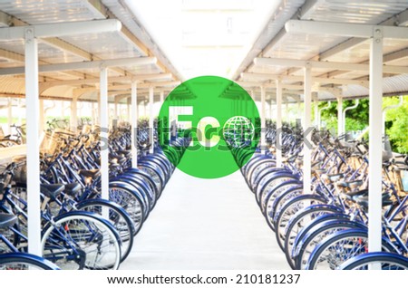 Eco word symbol on bicycle parking blur background