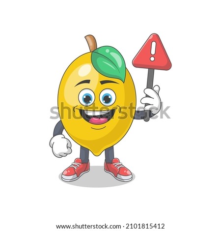 Cute Happy Lemon With Warning Sign Cartoon Vector Illustration. Fruit Mascot Character Concept Isolated Premium Vector