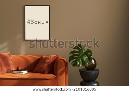 Creative modern luxury living room interior design with mock up poster frame, stylish sofa, flower in vase and elegant accessories. Beige wall. Minimalistic concept. Template. Royalty-Free Stock Photo #2101816885