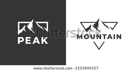Mountain peak summit logo design. Outdoor hiking adventure icon set. Alpine wilderness travel symbol. Vector illustration. Royalty-Free Stock Photo #2101844107