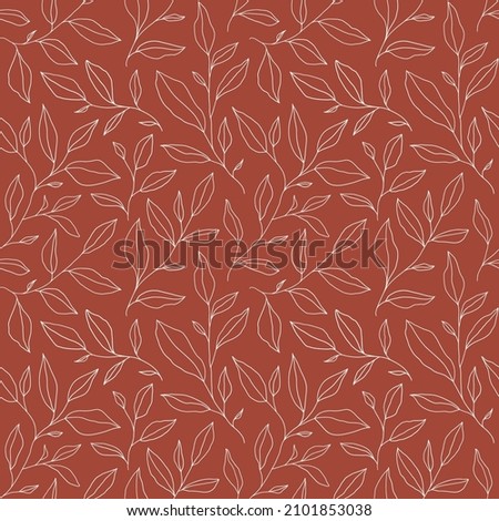 Monochrome seamless pattern with one line leaves. Vector floral background in trendy minimalistic linear style. Hand drawn outline design for fabric , print, cover, banner and invitation.