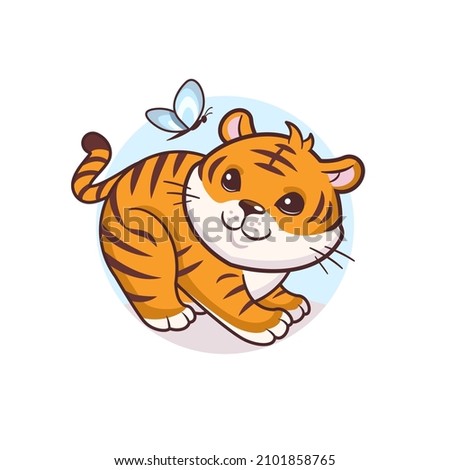 Cute tiger cub cartoon illustration in kawaii style. Vector design for Chinese Year of the tiger