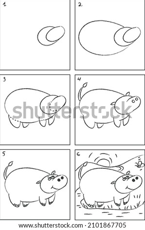 Hyppopotamus drawing instruction and coloring book
