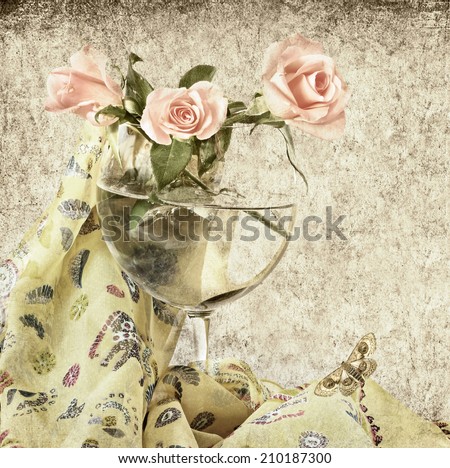 Textured old paper background with rose flowers in the glass, pattern design drapery fabric and butterfly. Retro grunge style still life