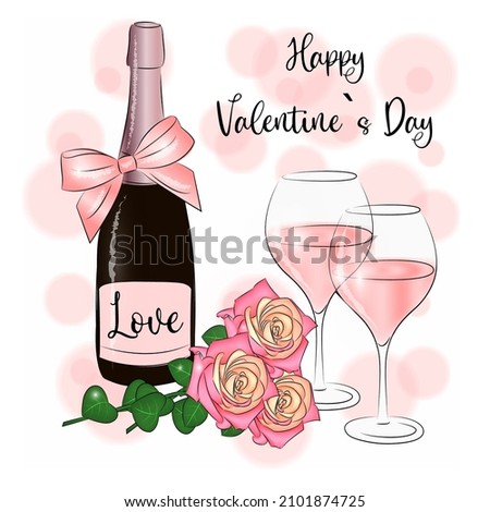 Happy Valentine's Day holiday card in doodle style Champagne two glasses of wine and a bouquet of roses Romantic dinner Happy Valentine's Day Festive background print For textiles or gift wrapping
