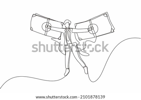 Single continuous line drawing businessman flying on money wings. Concept of financial freedom, depicting man flying on wings made of currency bills. One line draw graphic design vector illustration